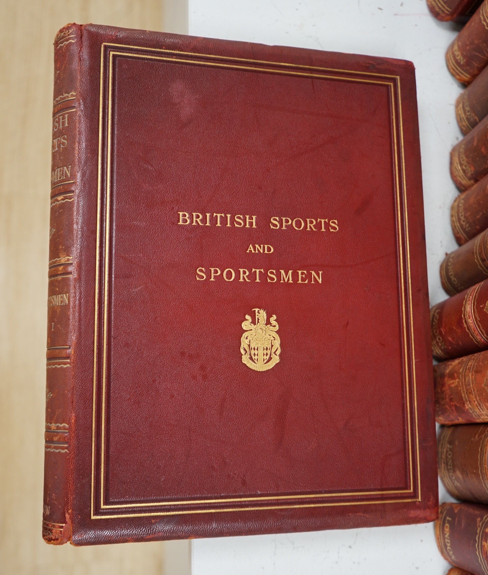 British Sports and Sportsmen. 12 vols., including Shooting and Deerstalking; Polo and Coaching; Yachting and Rowing; Racing. with photogravure portaits and other num. illus. for each vol.; publisher's gilt red morocco, g